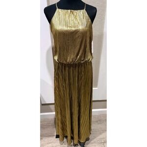 Shelby Nites Gold Metallic Plissé Pleated Halter Maxi Dress Size 6 NWT